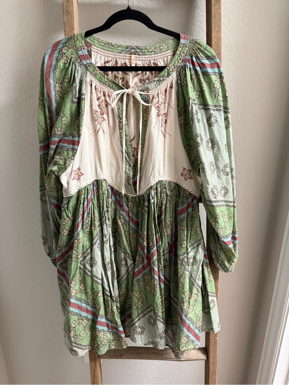 Free People Green Cream Bohemian Mini Dress tunic